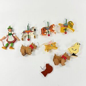 Vintage Wooden Christmas Ornaments Animals & Women Handcrafted With Strings